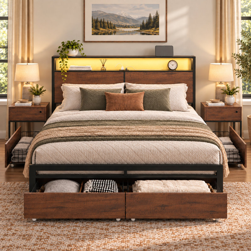 Lit double moderne Livia avec 4 tiroirs et tête de lit ouverte avec rangement, lampe DEL réglable et station de recharge, sommier non requis