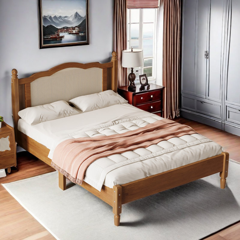 Lit plateforme en bois de style bohémien avec tête de lit en rotin naturel et conception en arc, Noyer, Double