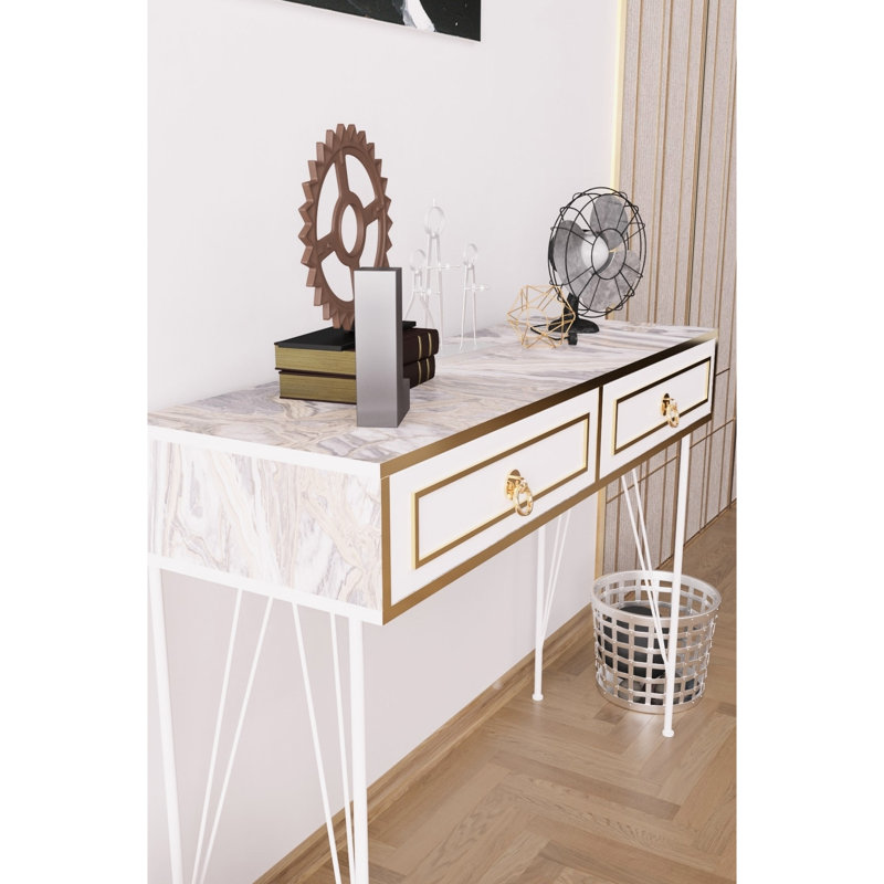 Console blanche avec base en bois et pieds en métal, P 47,72 po x l 13,64 po, H 35,96 po en pieds et base, profondeur 47 po, largeur 14 po, hauteur 35 po