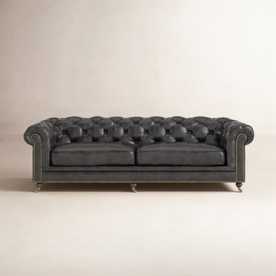 87" Genuine Leather Rolled Arm Chesterfield Sofa with Reversible Cushions