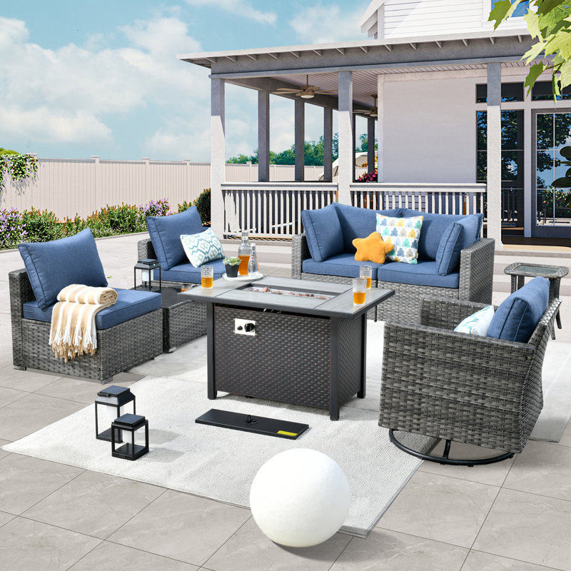 Aliva Wicker 5 - Person Patio Conversation Set with Cushions, Blue