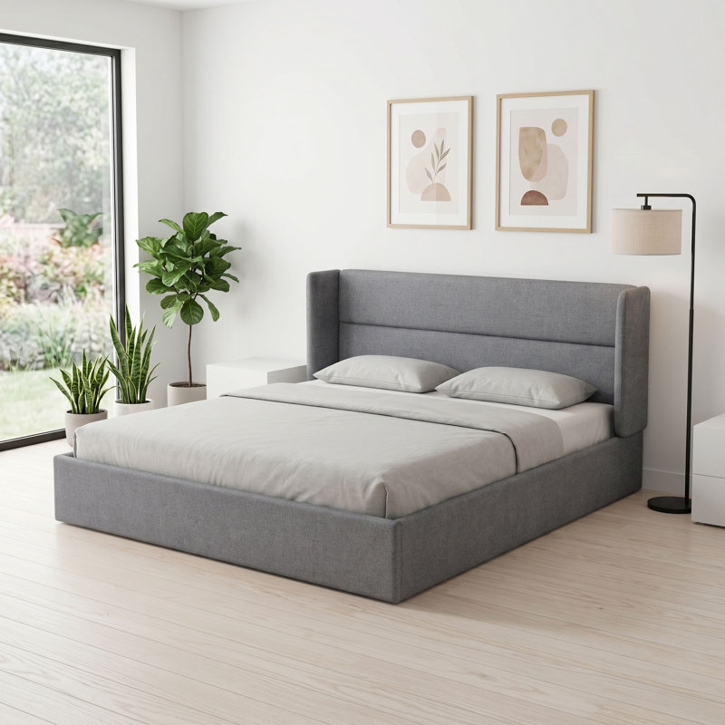 Lit plateforme tapissier avec rangement Gaillarde, Très grand, Gris olive clair