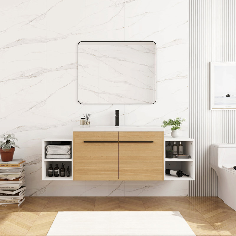 Meuble-lavabo mural 60 po avec lavabo à poser en résine, 2 tablettes de rangement et 2 portes à fermeture douce, L 60 po