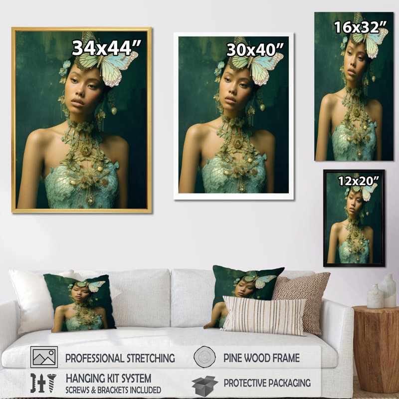 Modèle sarcelle avec bijoux papillon - reproduction sur toile, Cadre doré à une seule photo, H 44 po x l 34 po x P 1,5 po