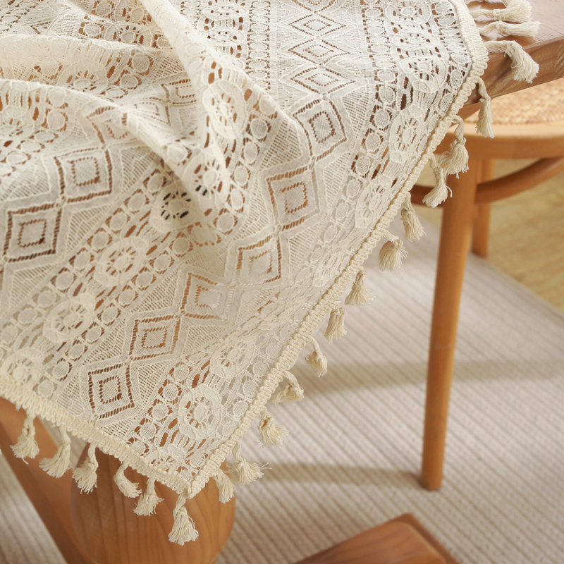 High Quality Washable Wrinkle Free Lace Tablecloth With Tassel, 78" L x 55" W