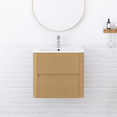 24" Bathroom Vanity With Sink, Wall-Mounted Floating Plywood Striped Bathroom Storage Cabinet With 2 Drawers, White Rectangle Ceramic Basin, NO Faucet, Pre-Assembled, Natural Woodgrain Color