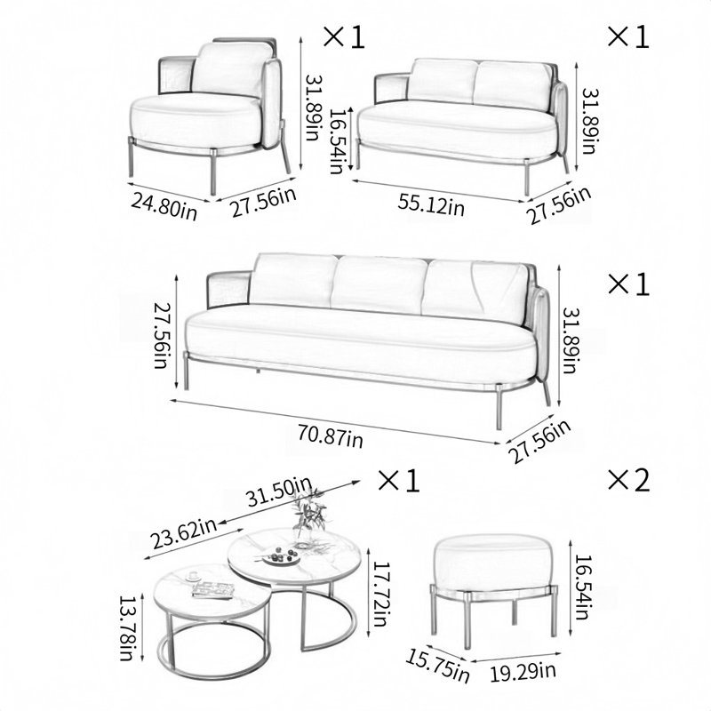 Light Luxury Sofa Coffee Table Combination 7 - Piece Faux Leather Living Room Set, Blue/Beige