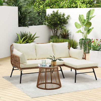 3 Piece L-shaped Patio Sectional Set With Tempered Glass Table, Outdoor Conversation Sofa For Garden & Balcony