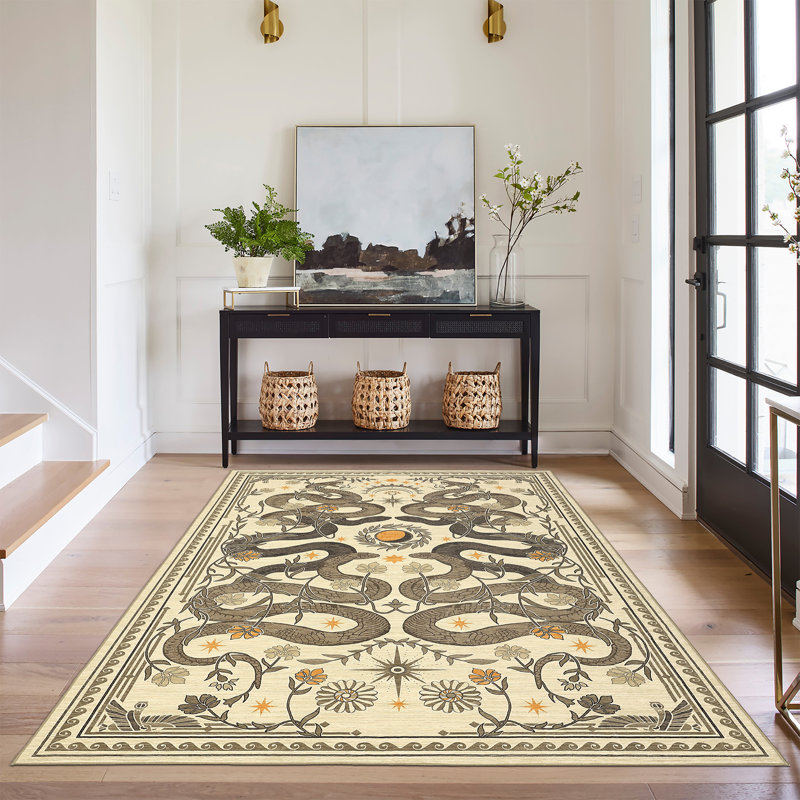 Snake Design Area Rug Soft Low Pile, Mark Resistant, Non-Slip, Washable Carpet – Vintage Forest Animal Design, Collapsible, Thin Perfect for Living Room, Bedroom, Kitchen, Hallway, Nursery