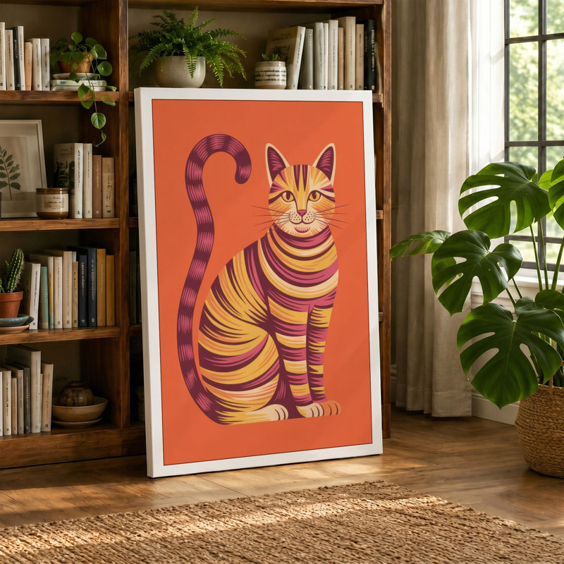 Striped Cat in Orange Modern - Wrapped Canvas, 30x20 - 76.2 x 50.8 cm, Terracotta Border