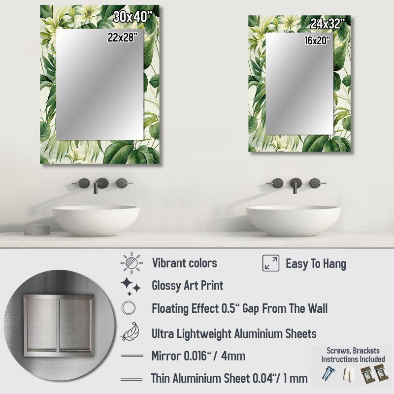 Vintage Jungle - Plants Large Mirror, Botanical, Nature, Floral Decorative Wall Mirror, Printed Metal Art, 40" x 30"