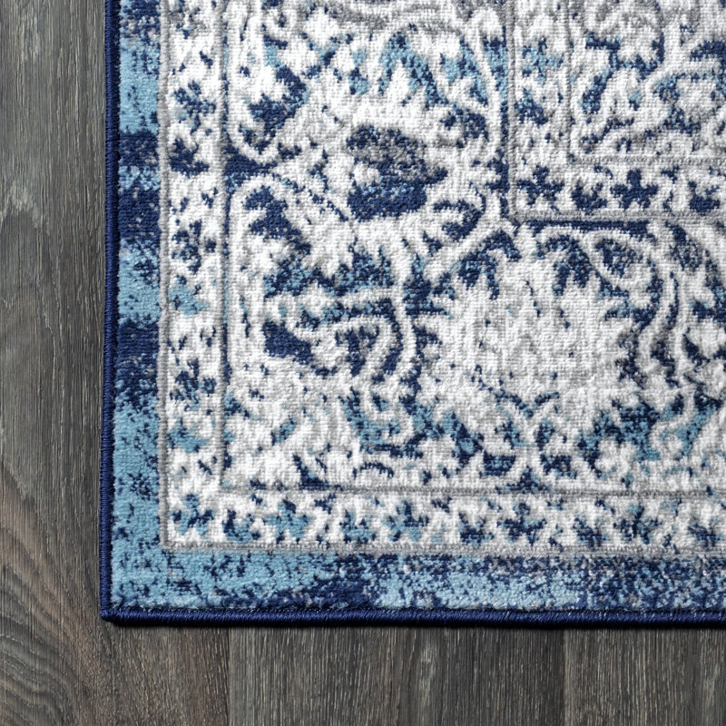 Tapis bleu marine / gris clair Modern, Rond 5 pi