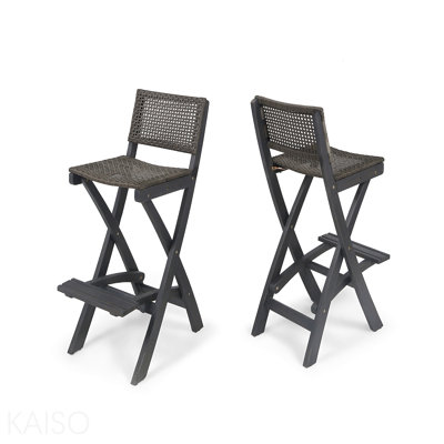 Tabourets de bar pliants d'extérieur 41,75 po en bois d'acacia avec dossier et siège en rotin pe, finition gris foncé (ensemble de 2)