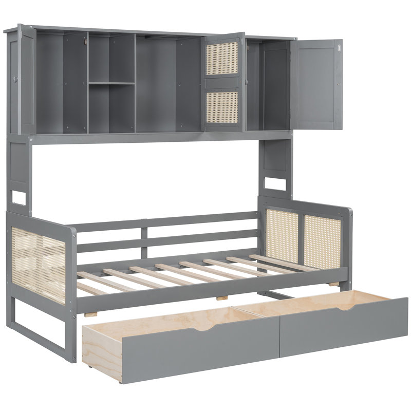 Lit de jour simple avec 2 tiroirs et tablette de rangement polyvalente, tablette compacte grise, bois