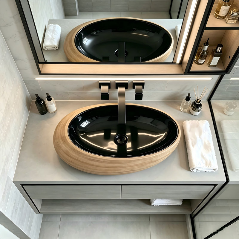 Yingze Bathroom Artistic Vessel Sink, 23"W×15"D×5.9"Hegg-Shaped Sink Retro Ceramic Washbasin Above Counter For Bathrooms, Modern Countertop Bowl Sink, Wood Grain Black