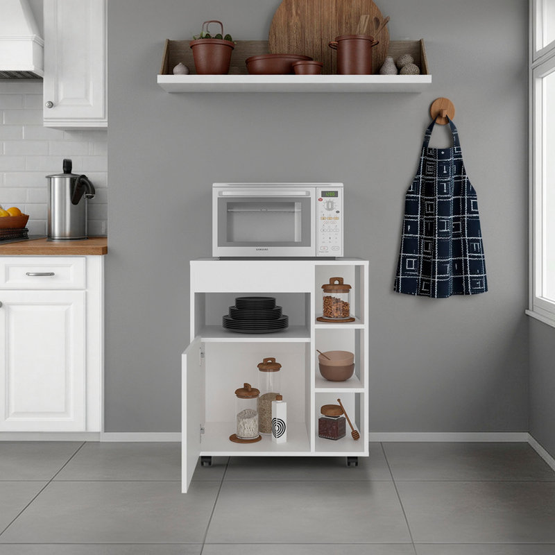 Chariot à micro-ondes Jud avec 5 tablettes, 1 porte, rangement pour armoire et roulettes, blanc