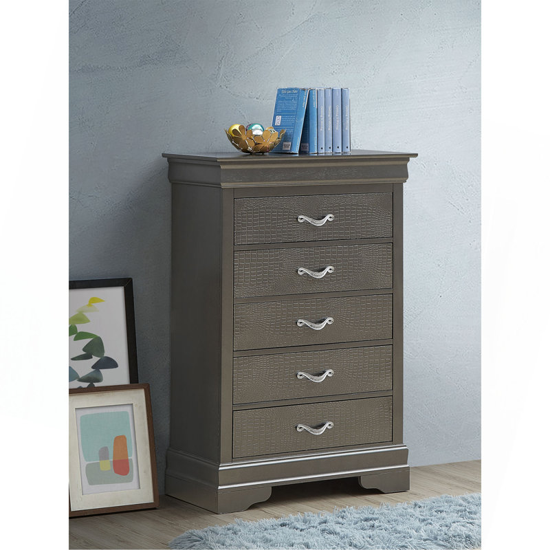 Commode verticale à 5 tiroirs avec façade texturée et poignées décoratives, Gris