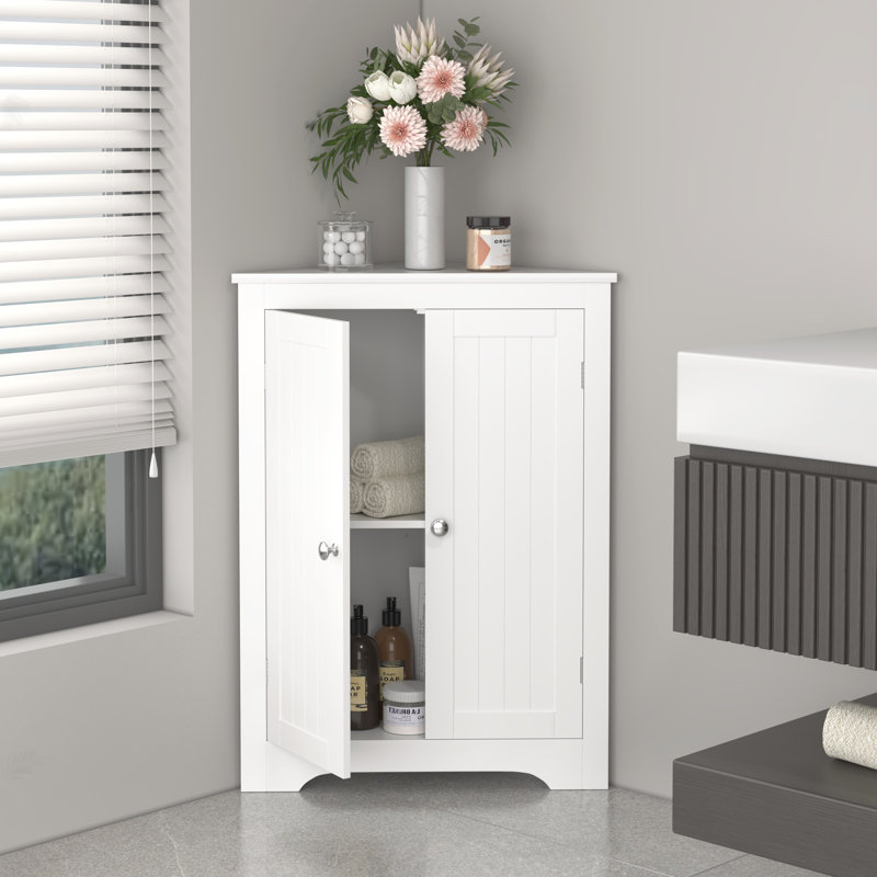 Floor Corner Cabinet With 2 Doors And Adjustable Shelves, Freestanding Narrow Cabinet Organizer, Corner Storage Cabinets For Bathroom, Kitchen, Living Room, Or Bedroom, White