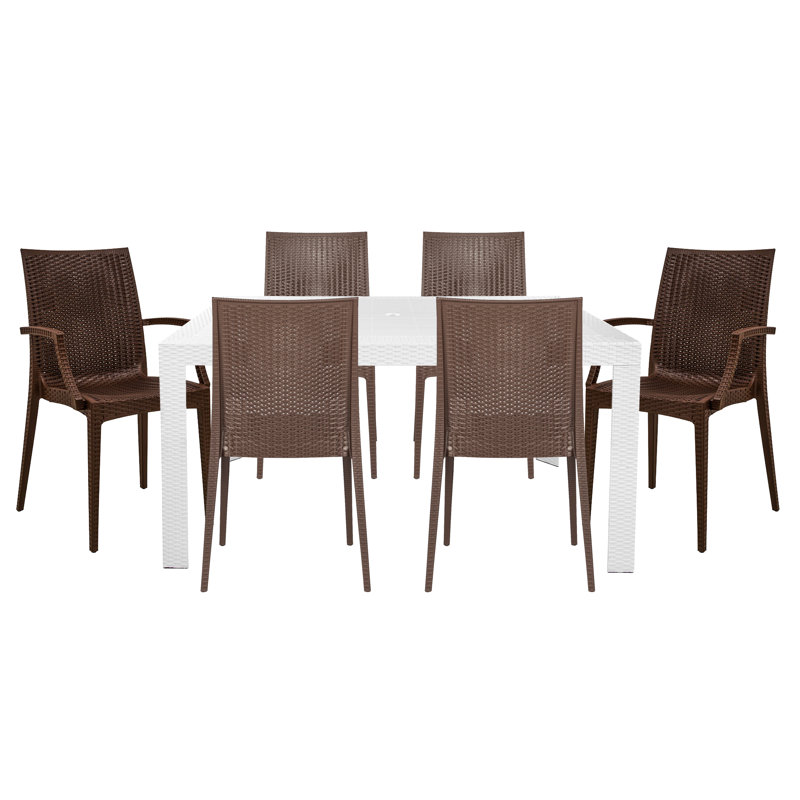 7-Piece Outdoor Dining Set Rectangular Dining Table with Umbrella Hole and 6 Dining Chairs, Brown/White