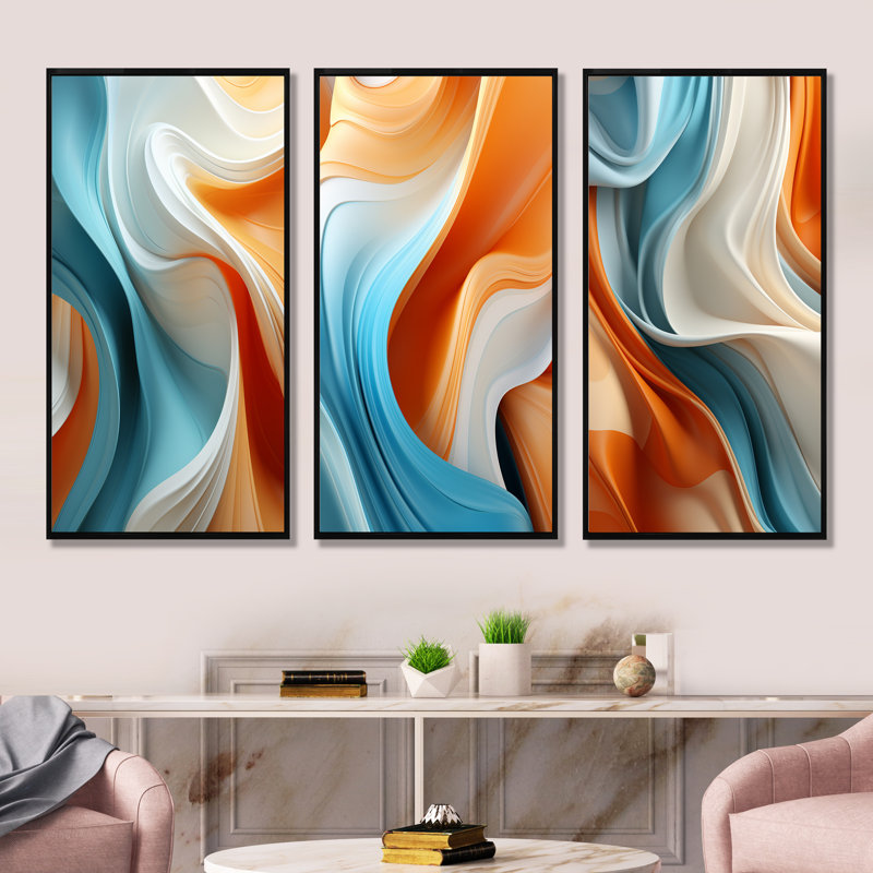 «Blue and Orange Fractal Curves In Motion I», ensemble de 3 décorations murales abstraites fractales, Cadre flottant noir