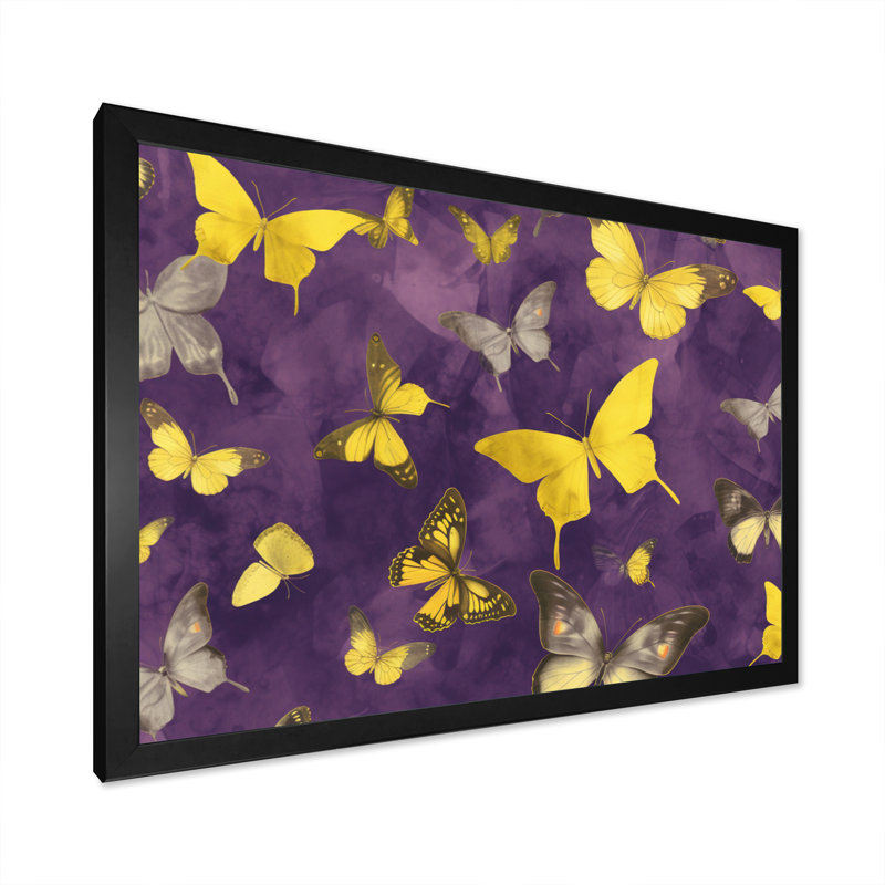 Papillon jaune et mauve, H 16 po x l 32 po x P 1 po, Cadre simple noir