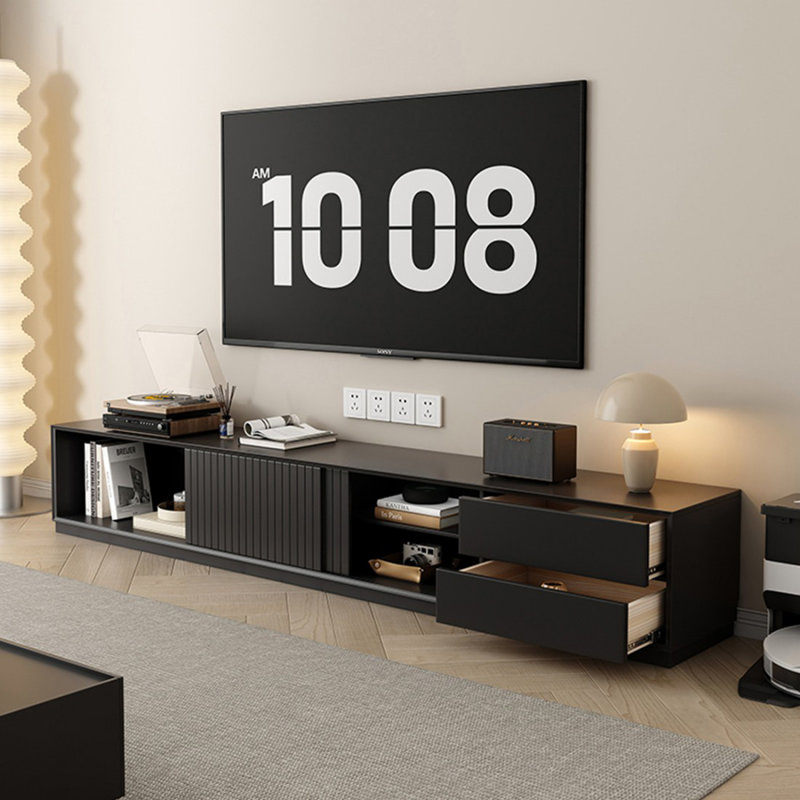 Meuble télé moderne en bois manufacturé noir, H 70 po x L 70,87 po x l 15,75 po