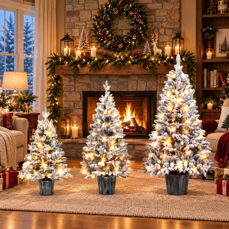 Ensemble de 3 arbres de Noël en flocons pré-éclairés, arbres en pot de 3 à 5 pieds avec DEL blanc chaud
