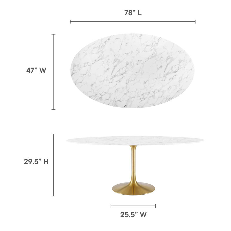 Modway Lippa Oval Artificial Marble Dining Table, Gold, White, 29.5" H x 78.5" L x 47" W
