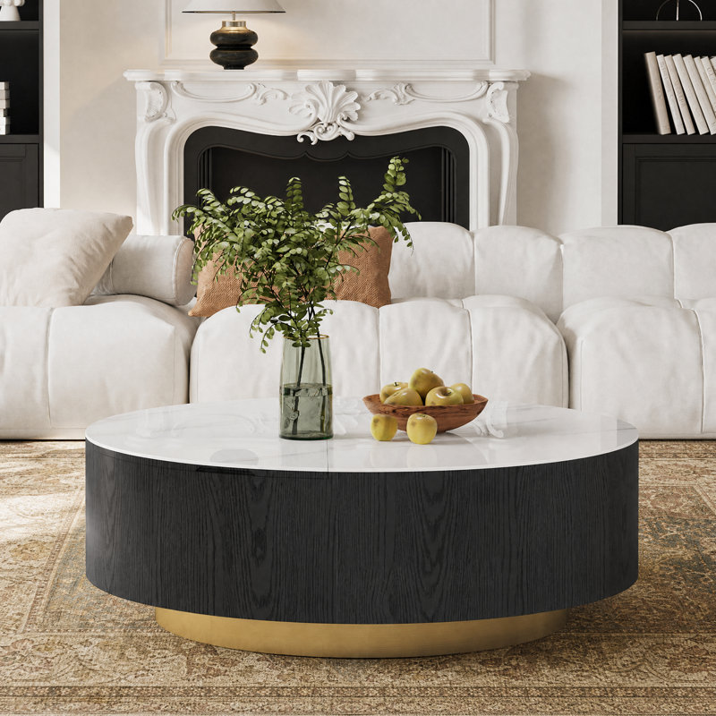 Table basse ronde moderne de 90 cm (35,5 po) avec plateau amovible, espace de rangement dissimulé et 1 tiroir, entièrement assemblée