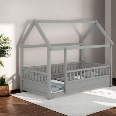Rustic Twin Size Wooden Bed With House Frame, Pine Grey Design For Kids