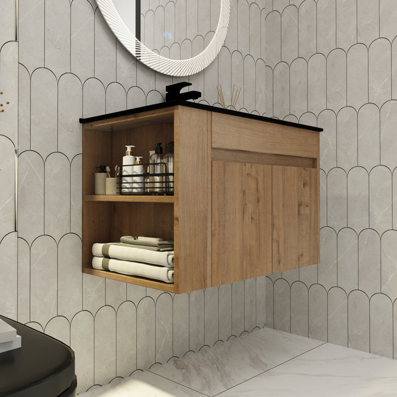Meuble-lavabo mural simple 30 po avec comptoir en céramique, meuble-lavabo flottant avec 2 portes à fermeture douce et 1 tablette latérale réglable