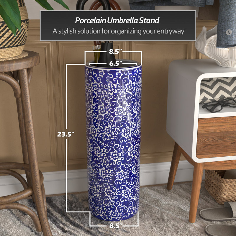24" Bright Yellow Umbrella Stand, Blue Floral