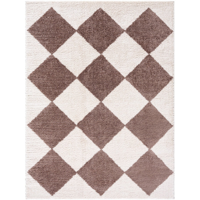 Brown Modern Washable Shaggy Rug, Chequered Anti-Slip Rug For Living Room, Dining Room, Bedroom, Kitchen