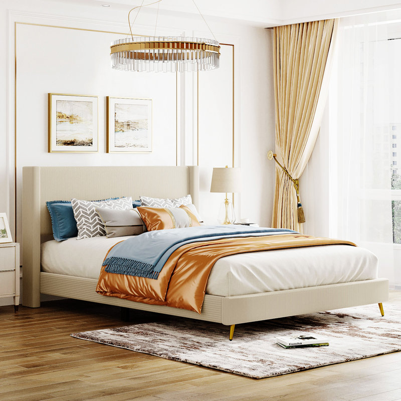 Lit plateforme en velours côtelé avec pieds en métal, Beige