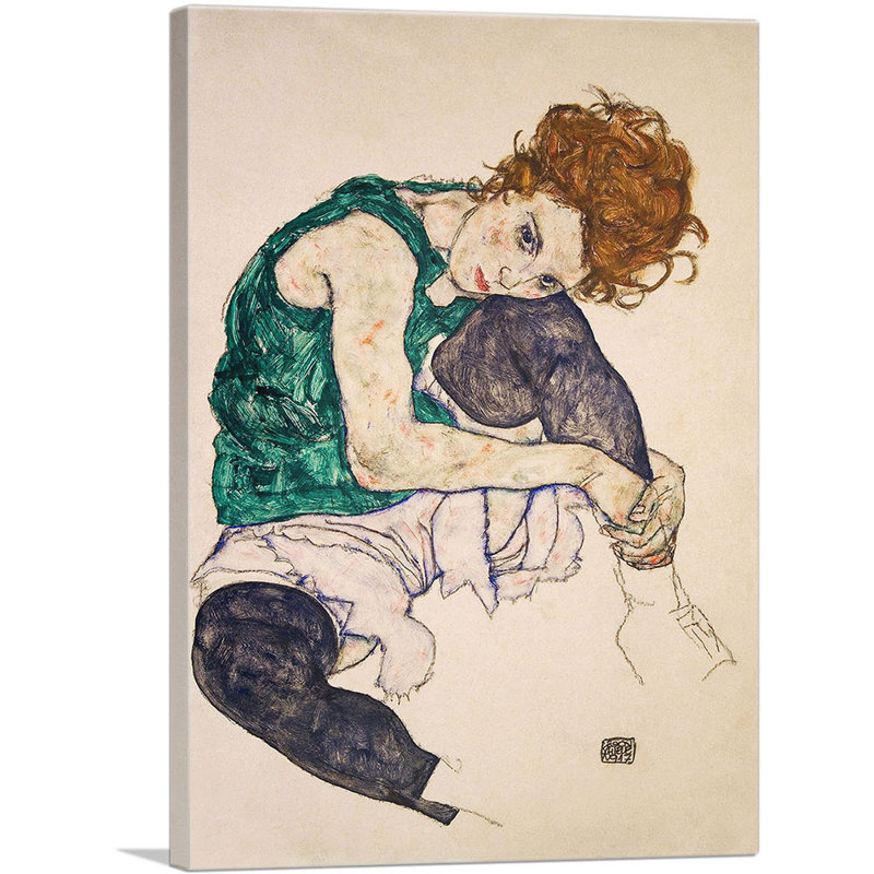 Femme assise avec un genou plié 1917 par Egon Schiele - reproduction d'art sur toile tendue, H 40 po x l 26 po x P 0,75 po