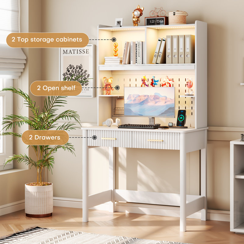 Writing Desk with Power Outlet, White