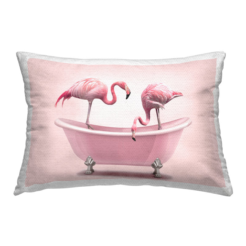 Pink Flamingo Bath Rectangular Outdoor Throw Pillow