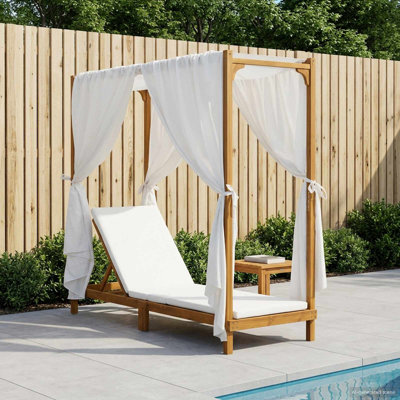  Chaise longue simple avec auvent et rideaux en bois d'acacia massif