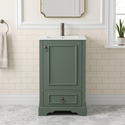 20" Single Sink Freestanding Solid Wood & MDF Bathroom Vanity in Green with Ceramic Sink, Soft Close Hardware & Adjustable U-Shaped Shelf