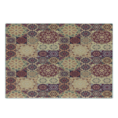 Ambesonne Moroccan Tempered Glass Cutting Board Ornate Ceramic Tiles Pale Orange Dark Blue
