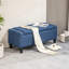 Banc de rangement avec repose-pieds en lin et capitonnage bleu foncé pour le salon