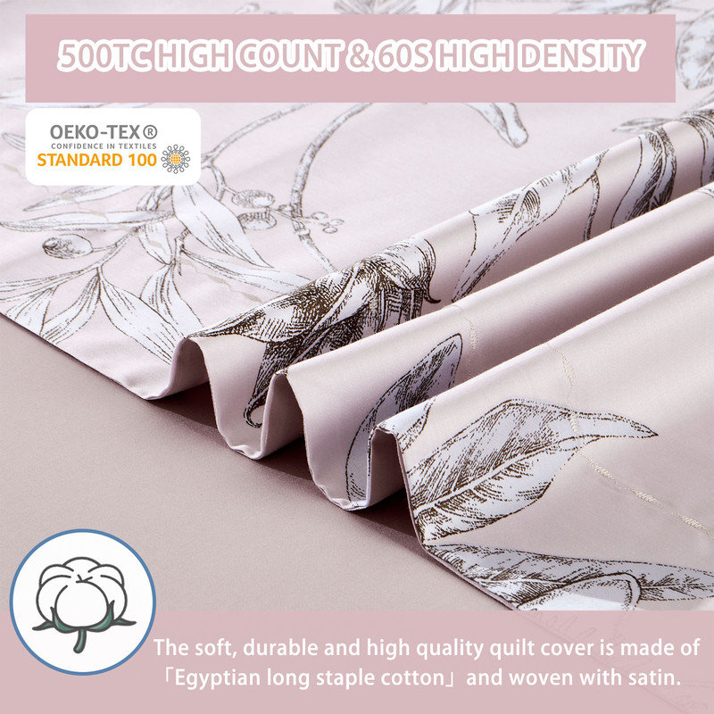 Lunaria 100% Long-Staple Cotton Duvet Cover Set Light Pink Elegant Floral Pattern Printed Comforter Cover 3pcs, Ultra Soft & Breathable Bedding Set