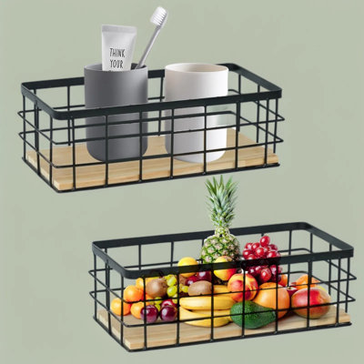 2-Pack Metal Wire Storage Baskets With Wood Base, Rustic Farmhouse Rectangular Organizer Trays For Kitchen, Bathroom, And Home Organization