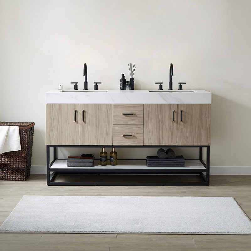 Toledo 60" Double Bathroom Vanity Set, Light Walnut Finish