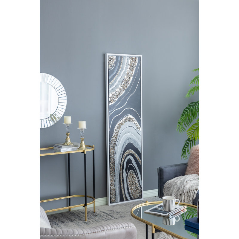 Elongated Landscape Rectangle Framed Artwork with Textured Silver Frame and Embedded Crystals, Rustic Decorative Piece for Living Room or Gallery Wall