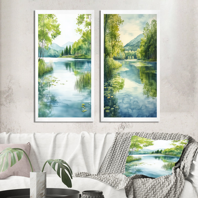 Lumière du lac Spring Lake I - Impression sur toile en 2 pièces - Maison de lac, 40" H x 40" W, White Picture Framed