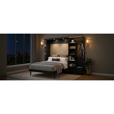 Grand lit escamotable avec rangement et lumières, pieds escamotables dissimulés, finition en placage de chêne, tablettes et armoires encastrées, lit mural peu encombrant avec crochet pour petits espaces - blanc