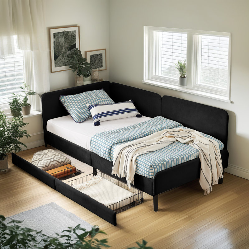 Velvet Upholstered Twin Size Daybed Sofa Bed with 2 Storage Drawers, Black