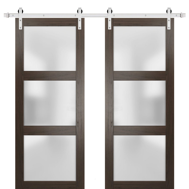 Portes de grange en verre givré Lucia avec quincaillerie d'installation, 48 po x 96 po, Frêne chocolat, Acier inoxydable