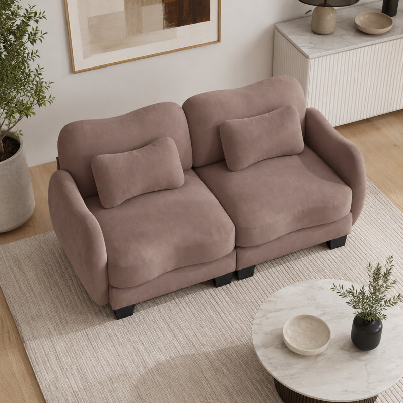 Canapé courbé Rosman en chenille avec sièges profonds et coussins lombaires, Rose poussière